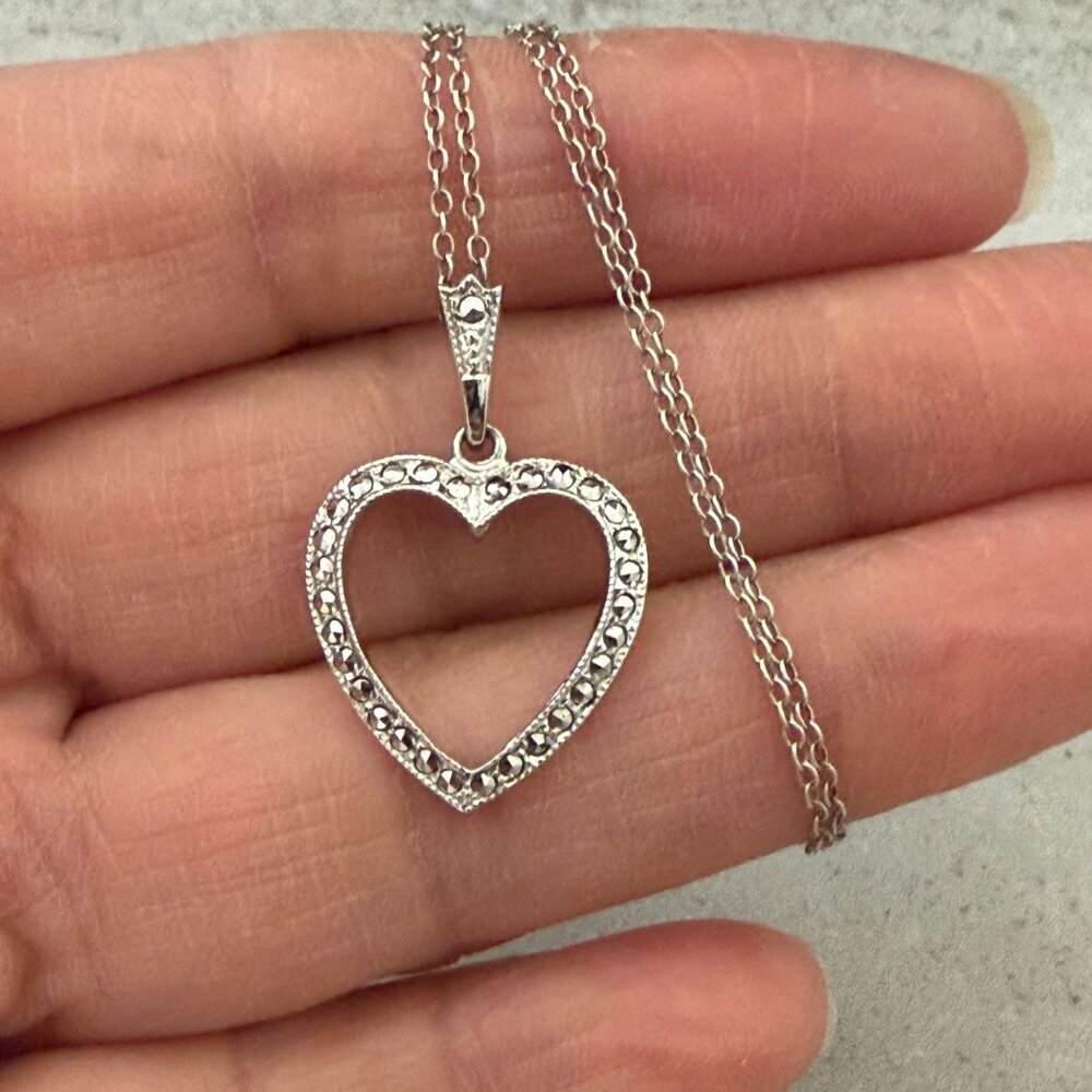 Vintage Theda .925 Sterling Marcasite Open Heart Pendant Necklace with 16" Chain - Picture 1 of 8